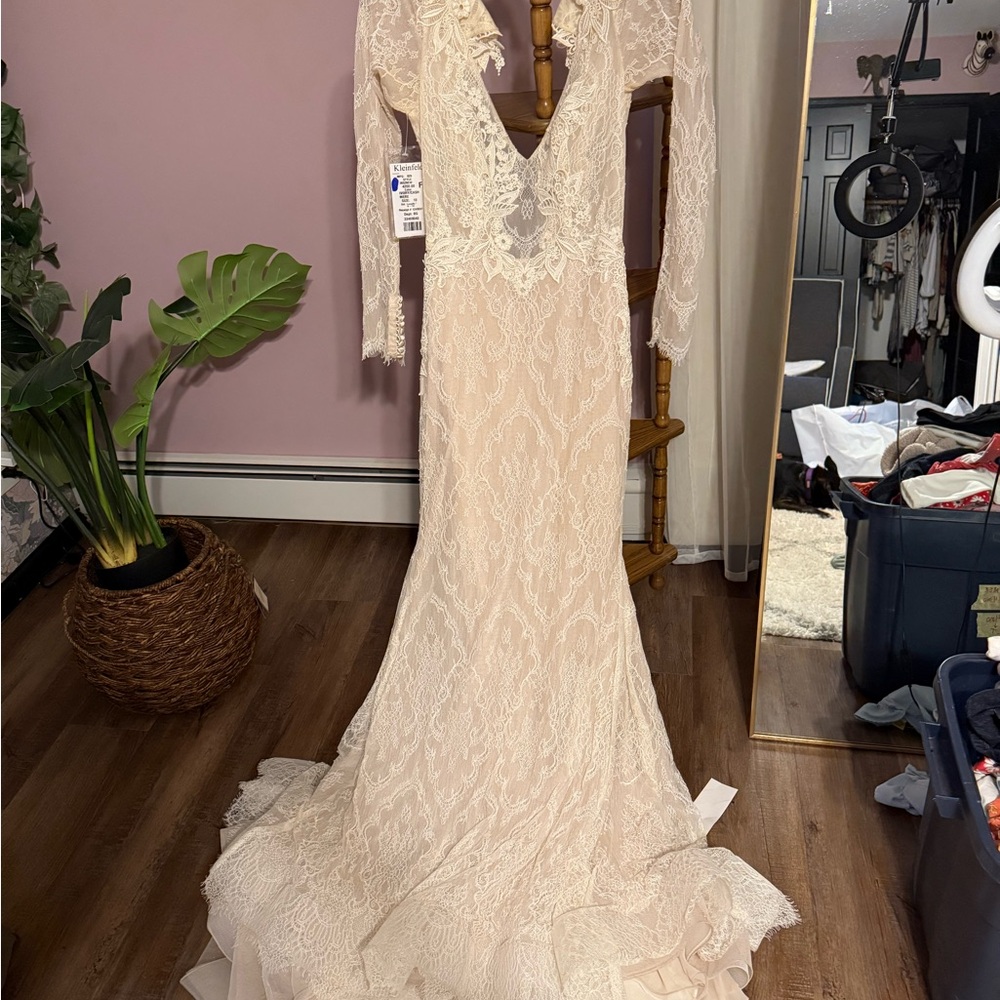 Lazaro Ivory Lace Long Sleeve Plunge Wedding Gown